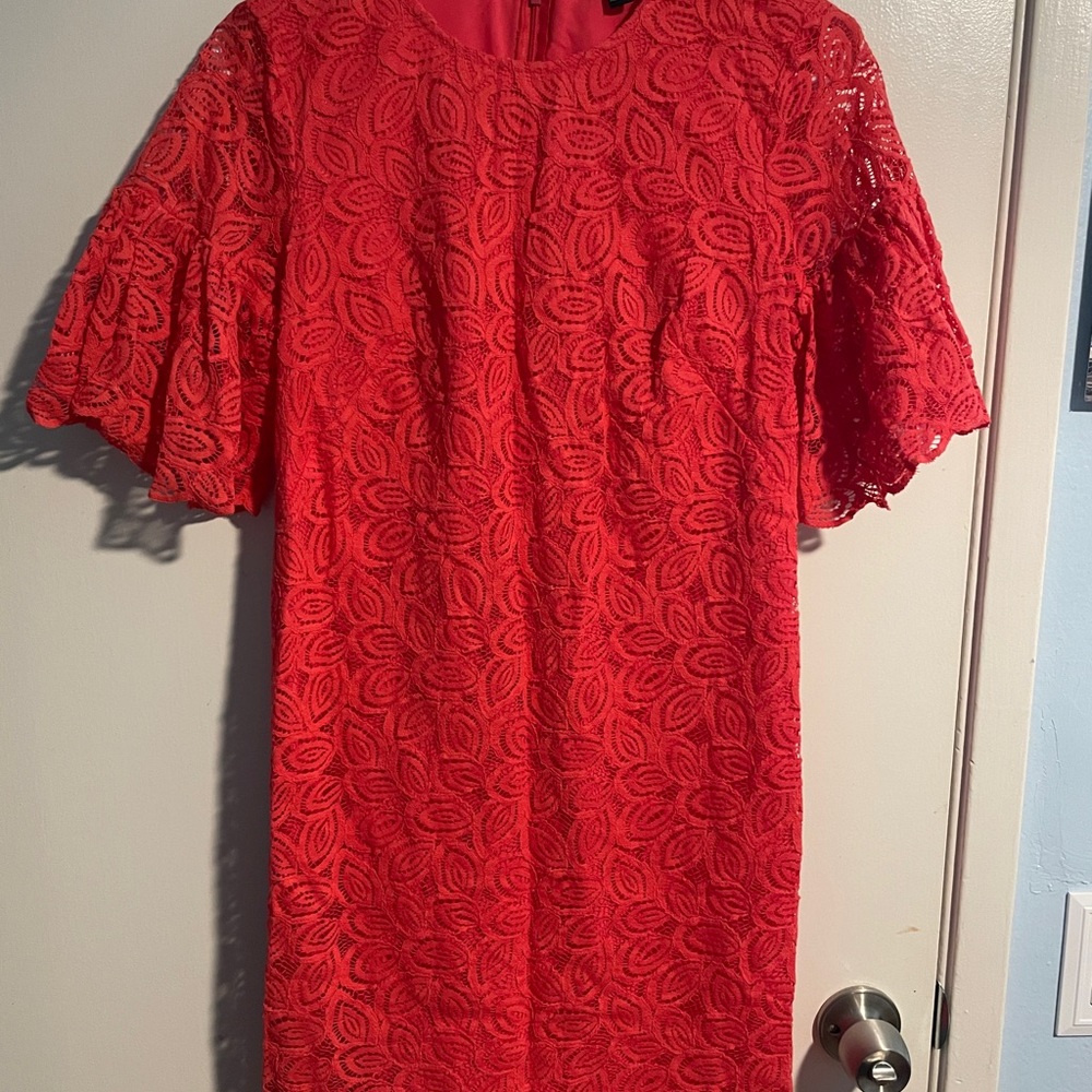 Ann Taylor Vibrant Red Lace Flutter Sleeve Dress